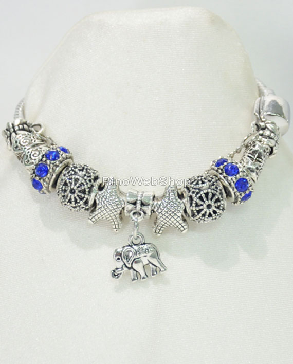 Bracciale tipo Pandora con charms blu e elefantino | PinoWebShop